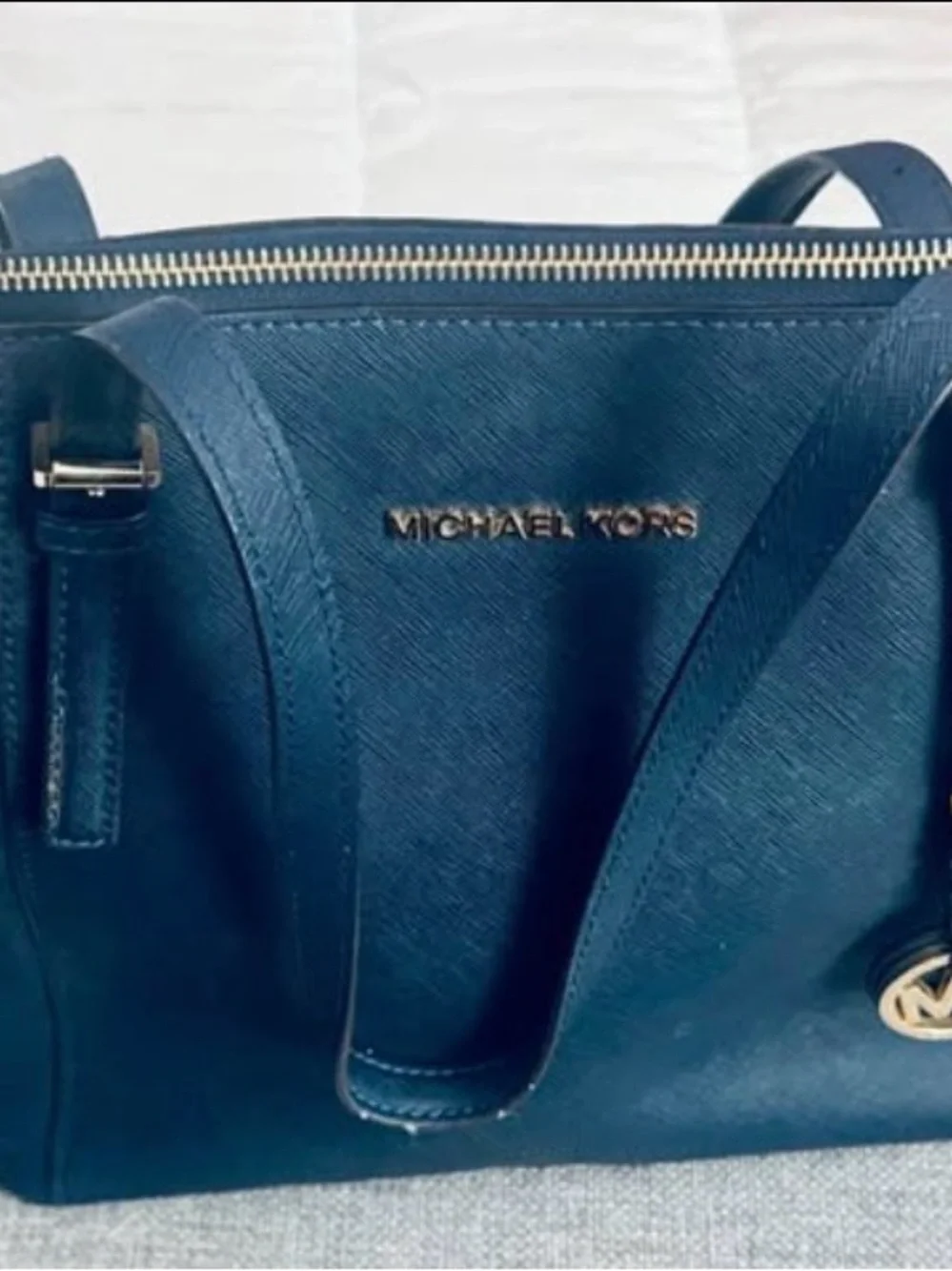 Michael Kors Blue Saffiano Shoulder Bag with Gold Hardware